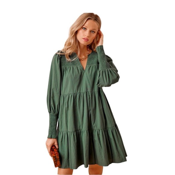 Tuckernuck Pomander Place Smocked Dress Womens Size XS Tiered Long Sleeve Green - Picture 1 of 14